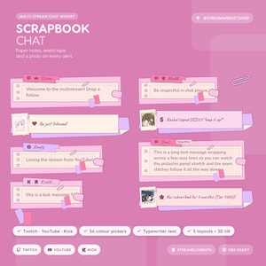 Pode incluir: Um widget de chat multi-stream intitulado Scrapbook Chat com notas de papel, fita washi e elementos fotográficos num fundo rosa. A interface inclui várias caixas de mensagens de chat com padrões de grelha, clipes e ícones Twitch, YouTube e Kick.