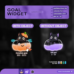 Könnte beinhalten: Ein anpassbares Ziel-Widget mit einer schwarzen Katze in einem Kürbis. Das Widget kann für Spenden, Abonnements oder andere Ziele verwendet werden. Das Widget ist in zwei Stilen verfügbar: mit und ohne Objekt. Das Widget ist anpassbar mit verschiedenen Farben, Schriftarten und Leuchteffekten. Der Text auf dem Widget lautet "Spendenziel 60 $ - 100 $" und "Nebenziel 5 - 10".