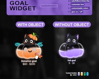 May include: A customizable goal widget with a black cat inside a pumpkin. The widget can be used for donations, subscriptions, or other goals. The widget is available in two styles: with and without an object. The widget is customizable with different colors, fonts, and glow effects. The text on the widget reads "Donation goal $60 - $100" and "Sub goal 5 - 10".