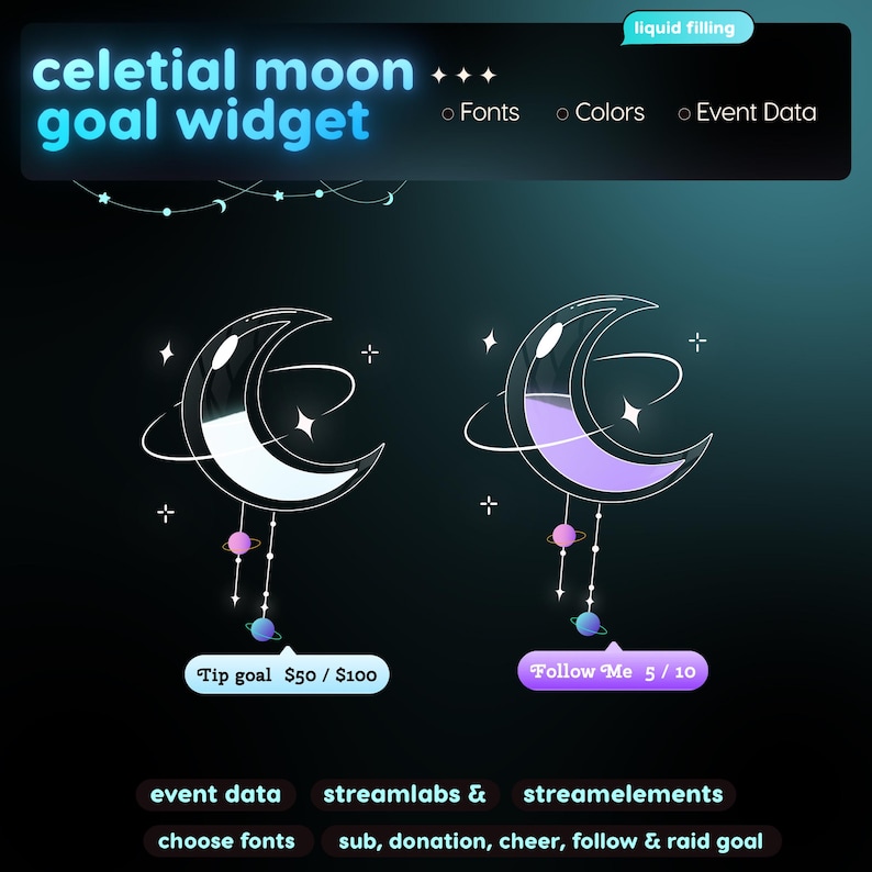 Widget per il raggiungimento degli obiettivi a tema lunare celeste / Tracker animato per lo streaming (Download digitale) immagine 11