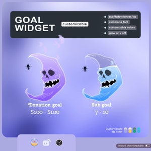 Op de afbeelding: Digitale doelwidget met een paars en blauw maanontwerp, met een schedelgezicht. De tekst luidt "GOAL WIDGET", "Donation goal" en "Sub goal". Aanpasbare kleuren en lettertypen zijn beschikbaar. Direct downloadbaar.