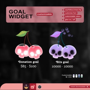 Op de afbeelding: Twee geanimeerde kersenschädel-doelwidgets voor Twitch. De eerste widget is rood en toont een donatiedoel van $ 85 tot $ 100. De tweede widget is paars en toont een bits-doel van 10.000 tot 10.000. Beide widgets zijn aanpasbaar met kleuropties.