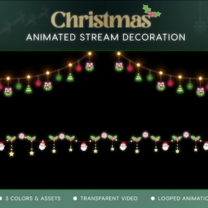 Op de afbeelding: Geanimeerde kerststroomdecoratie met twee rijen feestelijke lichten. De bovenste rij heeft rode en groene ornamenten, terwijl de onderste rij kerstmannetjes en sterren heeft. De tekst luidt "Christmas Animated Stream Decoration."