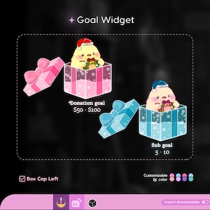 Peut inclure: Graphique numérique "Goal Widget" avec deux boîtes cadeaux. Une boîte rose avec un poussin jaune portant un bonnet de Père Noël. L'autre boîte bleue a un poussin de couleur claire avec un chapeau bleu. Le texte comprend "Donation goal" et "Sub goal".