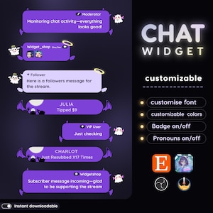 Può includere: Un design di widget di chat digitale con sfondo scuro e fumetti viola. Il testo recita "CHAT WIDGET" e "personalizzabile". Include la personalizzazione di font e colori, badge e pronomi. Include icone di Etsy e piattaforme di streaming.