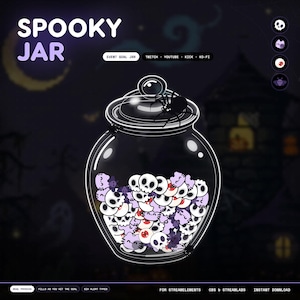 May include: A digital graphic of a glass jar labelled SPOOKY JAR, filled with white skulls, purple cat-shaped icons, and red eyeballs. A black spider sits on the lid. The text includes EVENT GOAL JAR, TWITCH, YOUTUBE, KICK, KO-FI, and REAL PHYSICS.