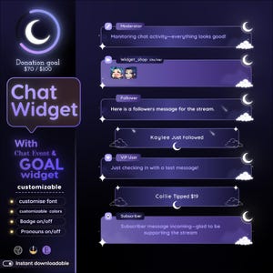 May include: A digital chat widget design with a dark purple background. The design includes a donation goal, chat messages, and customizable options. Text includes "Chat Widget" and "Instant downloadable".