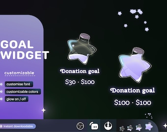 Può includere: Due barattoli di vetro a forma di stella che brillano, contenenti liquido viola. I barattoli sono su uno sfondo nero con stelle bianche. Il testo "Donation goal $30. $100" è sotto il primo barattolo e "Donation goal $100. $100" è sotto il secondo barattolo.