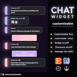 May include: A digital graphic advertising a customizable chat widget. The design showcases example chat messages, user icons, and options for font, colours, badges, pronouns, and message width. The text includes "CHAT WIDGET" and "customizable."