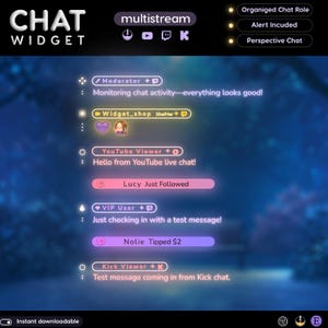 May include: A digital chat widget overlay featuring a dark background with glowing purple and white text. It displays various user roles like Moderator, YouTube Viewer, and VIP User, along with notification bars for follows and tips in a live stream.
