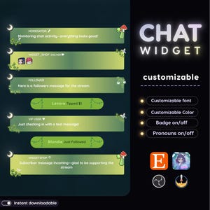 May include: A digital chat widget interface with a dark green background. The interface includes customizable options for font, color, badges, and pronouns. Text includes "CHAT WIDGET" and various chat messages. The image also includes social media icons.