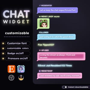 Könnte beinhalten: Ein anpassbares Chat-Widget-Grafik mit Textblasen, Benutzersymbolen und Optionen für Schriftart, Farben, Abzeichen und Pronomen. Der Text enthält "CHAT WIDGET" und Beispiel-Chat-Nachrichten. Das Design ist auf dunklem Hintergrund.