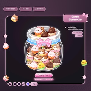May include: A digital interface display titled Candy Gummy Jar featuring a glass jar filled with small animal-shaped candies in cupcake liners. The graphic includes a pink bow, a Candy Goal progress bar at 100%, and various platform icons.