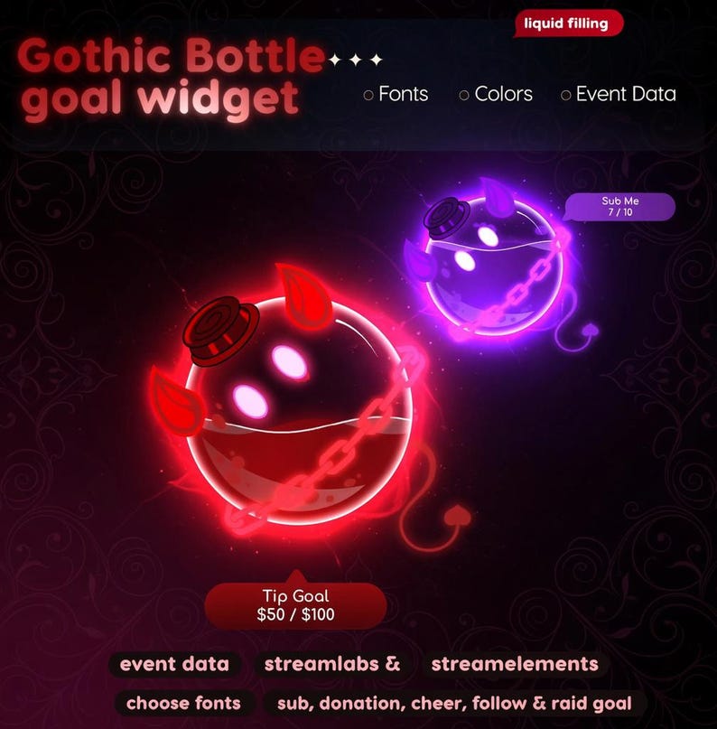Gothic Bottle goal widget with glowing red and purple potion orbs, liquid filling animation for Twitch sub donation and bits goals