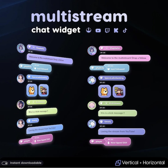Multistream Chat Widget • Twitch, YouTube, Kick Overlay (Digital Download)  Easy Setup - One Click Installation
