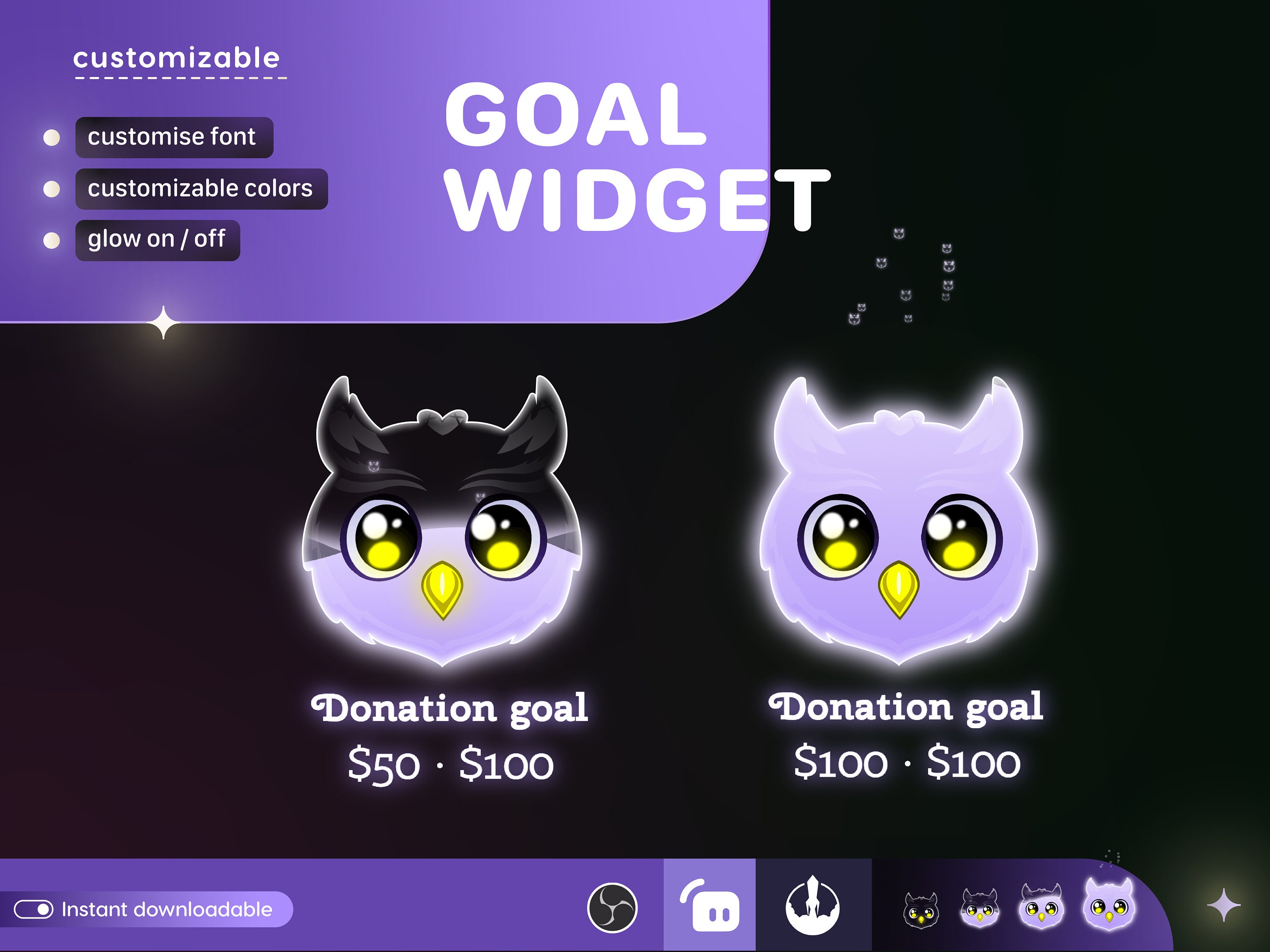 Cute Owl Liquid Filling Goal Widget is fully customisable for Twitch Streamlabs, TikTok Studio, and 