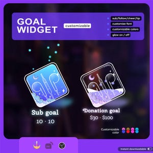 May include: Digital goal widget design with the text "GOAL WIDGET" and "customizable". The image features two square graphics with earbud illustrations, labeled "Sub goal" and "Donation goal". Customizable color options are shown.