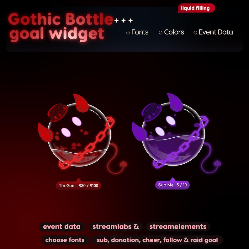 Widget de Metas com Garrafa Gótica | Rastreador de Bits de Doação de Inscritos do StreamElements para Twitch Streamlabs | Streamer VTuber Sombrio imagem 2