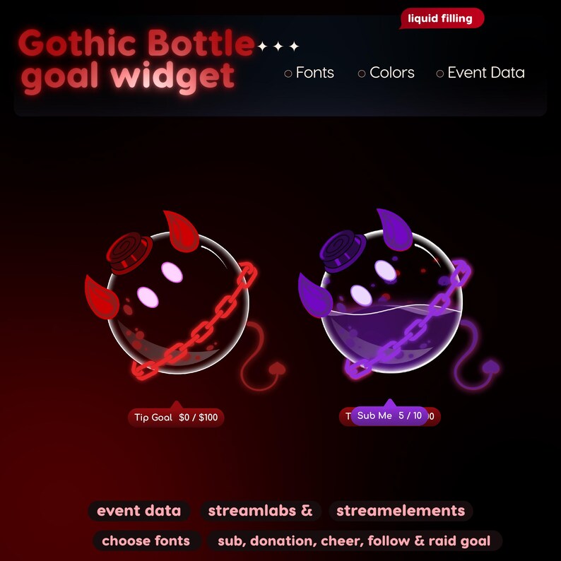 Widget de Metas com Garrafa Gótica | Rastreador de Bits de Doação de Inscritos do StreamElements para Twitch Streamlabs | Streamer VTuber Sombrio imagem 7