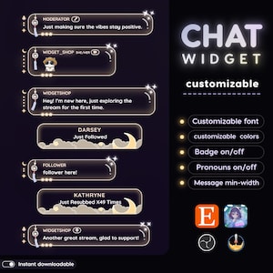 May include: A digital product image showcasing a customizable chat widget interface. The design features glowing text and interactive elements, including options for font, colors, badges, pronouns, and message width. The image also includes social media icons.