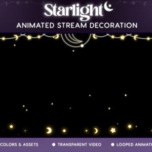 Op de afbeelding: Geanimeerde streamdecoratie met de tekst "Starlight" en "Animated Stream Decoration". Het ontwerp heeft een zwarte achtergrond met gele sterren, manen en lichtslingers. De onderkant van de afbeelding heeft de tekst "3 kleuren & assets", "Transparante video" en "Looped animatie".