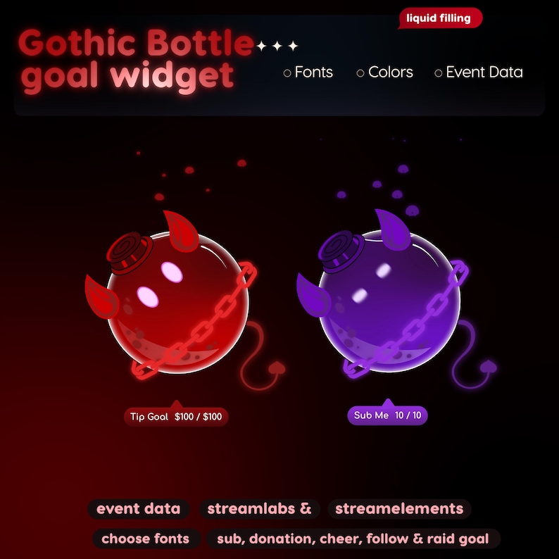 Widget de Metas com Garrafa Gótica | Rastreador de Bits de Doação de Inscritos do StreamElements para Twitch Streamlabs | Streamer VTuber Sombrio imagem 3