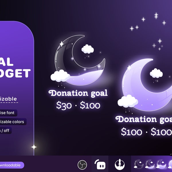 Cute Moon Cloud Glass Goal Widget-Cute Minimal Customizable Goal Widget for Twitch Streamers -Streamelements StreamLabs OBS