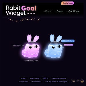 May include: Digital graphic showcasing two illuminated rabbit characters, one pink and one blue, with the text "Rabit Goal Widget." The image includes options for fonts, colours, and goal events, with the text "Follow Me 7/10" and "Tip Me £80 / £100."