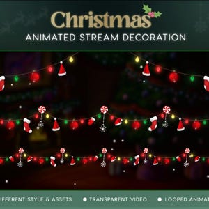 Op de afbeelding: Geanimeerde kerststroomdecoratie met lichtjes, kerstmutsen, kousen en zuurstokken. De tekst luidt "Christmas Animated Stream Decoration". De achtergrond is donkergroen.