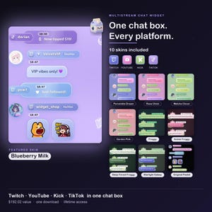 May include: A digital multistream chat widget display featuring a purple Blueberry Milk theme with user messages, icons, and emojis. The layout includes ten distinct colour skins for Twitch, YouTube, Kick, and TikTok platforms, showcasing various chat box designs with text labels for each style.