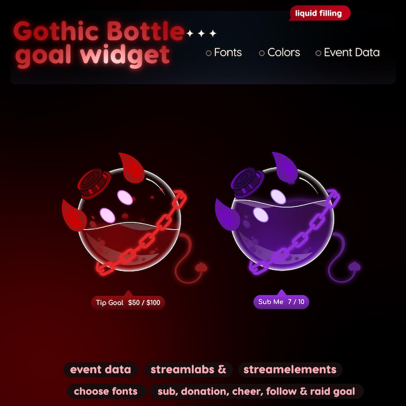Widget de Metas com Garrafa Gótica | Rastreador de Bits de Doação de Inscritos do StreamElements para Twitch Streamlabs | Streamer VTuber Sombrio imagem 11