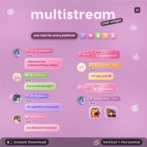 Könnte beinhalten: Eine digitale Multistream-Chat-Widget-Oberfläche auf hellviolettem Hintergrund. Sie zeigt abgerundete Nachrichtenblasen in verschiedenen Pastellfarben, Benutzer-Avatare, Plattform-Symbole und Text, einschließlich "one chat for every platform" und "Instant Download".