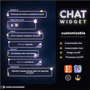 Op de afbeelding: Een digitale afbeelding die een "Chat Widget" promoot met aanpasbare functies. Het ontwerp bevat chatbubbels met voorbeeldberichten, een schakelaar voor direct downloaden en pictogrammen voor lettertype, kleur, badges en voornaamwoorden. De achtergrond is donkerblauw.