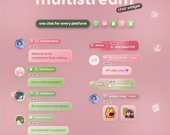 Widget de bate-papo multistream para Twitch, YouTube, Kick e TikTok ⟢ Sobreposição rosa-jardim • StreamElements OBS • Alertas, Avatares e bate-papo 3D