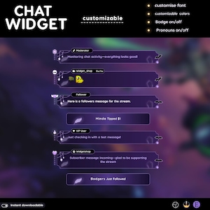 Op de afbeelding: Een digitale productafbeelding met een aanpasbaar chatwidget-ontwerp. Het ontwerp bevat paarse en witte elementen, met opties voor lettertypeaanpassing, kleurveranderingen en badge/voornaamwoord toggles. Tekst bevat "CHAT WIDGET" en diverse chatmeldingen.