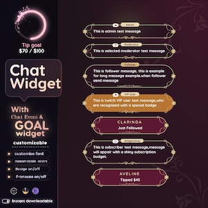 May include: A digital chat widget design with a dark purple background. The design includes a tip goal graphic, chat message examples, and customizable options. Text includes "Chat Widget" and "Instant downloadable."