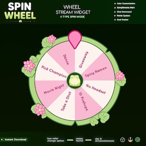 May include: A digital spin wheel stream widget featuring a light green lily pad border with pink lotus flowers. The wheel is divided into eight segments labelled Dance, Giveaway, Spicy Ramen, No Headset, 10 Pushups, Take a Shot, Movie Night, and Pick Champion.
