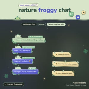 Può includere: Un widget di chat multistream digitale intitolato nature froggy chat starlit garden edition. Presenta caselle di chat a tema rana in verde chiaro con accenti viola, che mostrano messaggi di esempio dalle piattaforme Twitch, YouTube e Kick.