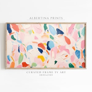 May include: Abstract art print with a white background and colorful brushstrokes in shades of pink, blue, green, yellow, and red. The print is framed in a light wood frame. "ALBERTINA PRINTS" and "CURATED FRAME TV ART 3840x2160" are printed below the image.
