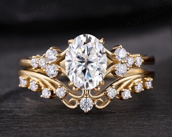 14k Gold Oval Cut Lab Diamond Engagement Ring Set Vintage Filigree Art Diamond Cluster Wedding Band Personalized Bridal Jewelry Gift for Her