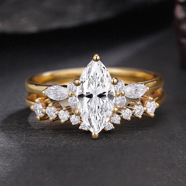 Delicate Marquise Lab-Diamond Engagement Ring Set 14k Gold Open Diamond Matching Wedding Band Vintage Anniversary Ring for Wife Gift for Her
