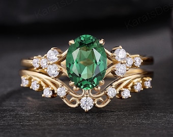 Vintage Oval Teal Sapphire Engagement Ring Set Victorian Art Deco Moissanite Stackable Promise Ring Personalized Solid Gold Bridal Ring Set