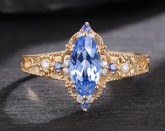 Vintage Marquise Cornflower Sapphire Engagement Ring Personalized  Birth Flower Wedding Ring Solid 14k Gold Daisy Bridal Ring Gift for Her