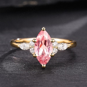 Delicate Marquise Cut Pink Sapphire Wedding Ring Promise Ring for women Vintage 14K Gold Diamond Cluster Engagement Ring Anniversary Ring