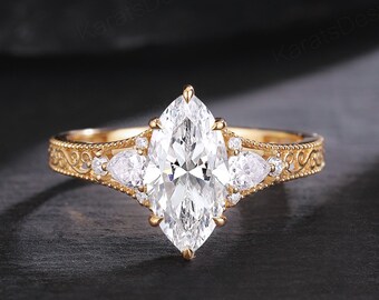 IGI Marquise Cut Lab Diamond Engagement Ring Vintage 14k Gold Filigree Wedding Ring Personalized Bridal Jewelry Custom Anniversary Ring