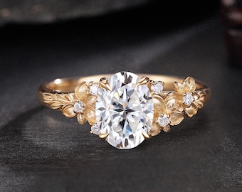 Nature Inspired Oval Lab Diamond Engagement Ring 14k Gold Birth Flower Promise Ring Personalized Bridal Jewelry Anniversary Gift for Her