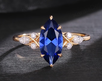 Marquise Cut Sapphire Twisted Engagement Ring, 14k Yellow Gold Cluster Wedding Band, Handcrafted Bridal Jewelry, Anniversary Gift for Wife