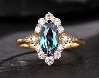 Vintage Marquise Cut Alexandrite Engagement Ring 1.5CT Alexandrite & Diamond Halo Bridal Ring Personalized Color Change Promise Ring for Her