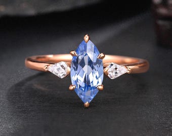 Marquise Cornflower Sapphire Engagement Ring Dainty Rose Gold Wedding Ring for Women Minimalist Blue Sapphire Promise Ring Anniversary Ring