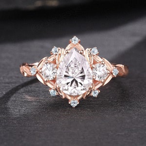 Nature Inspired Pear Shaped Moissanite Engagement Ring Sky Blue Topaz Cluster Leaf Wedding Ring 14K Rose Gold Ring Unique Anniversary Gift